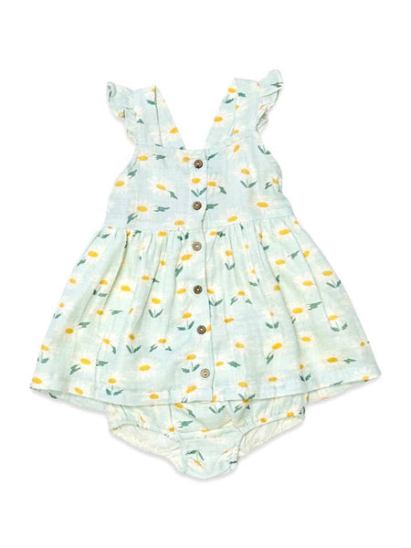 Daisies Ruffle & Button Dress + Bloomer - Pastel Green