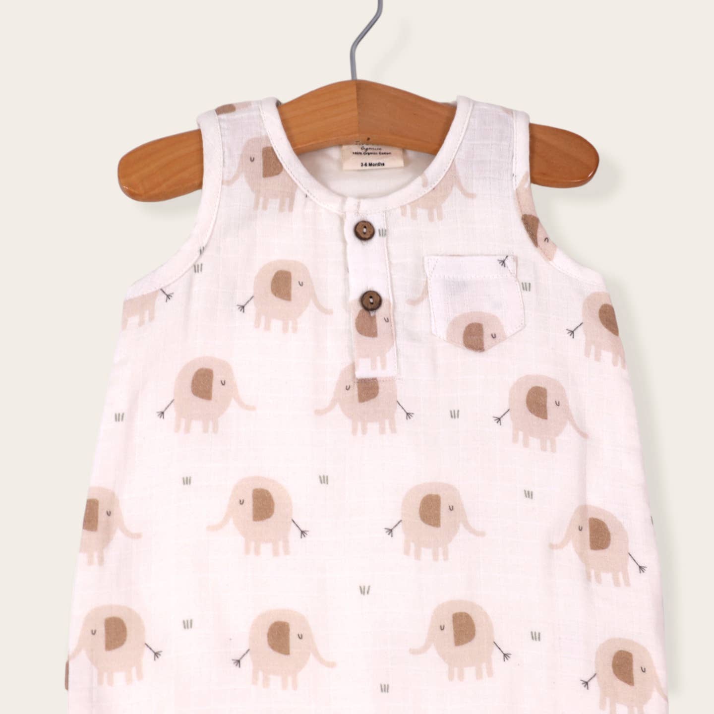 Short Henley Romper - Natural Elephants