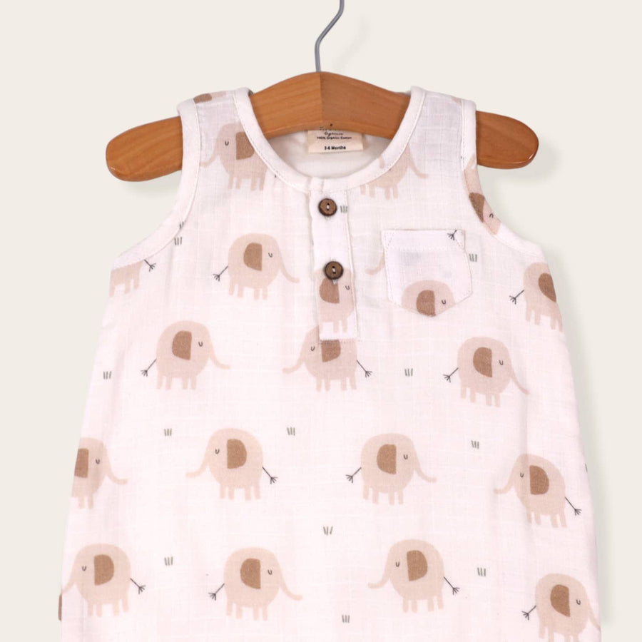 Short Henley Romper - Natural Elephants