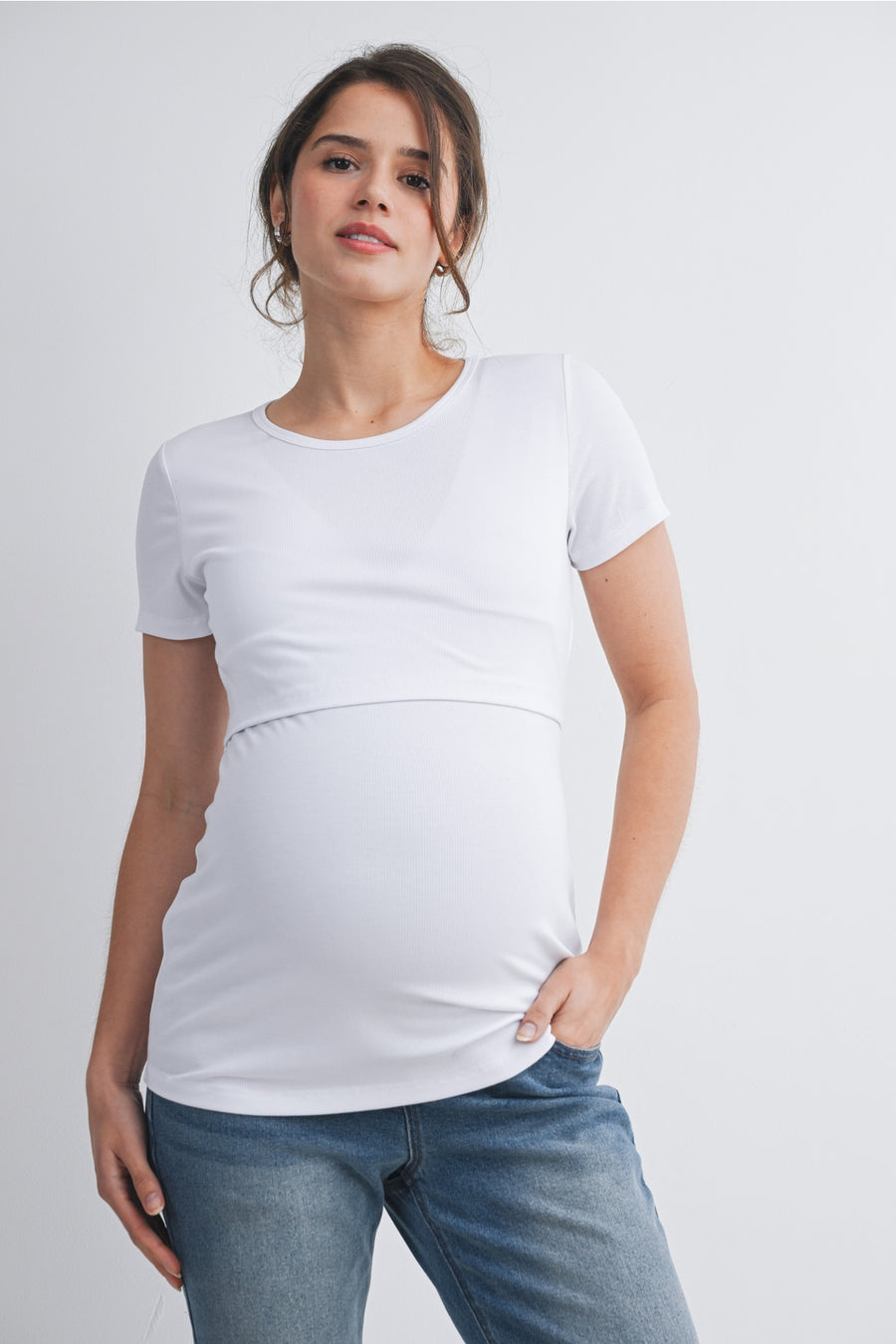 Short Sleeve Maternity Nursing Shirt with Front Panel - White