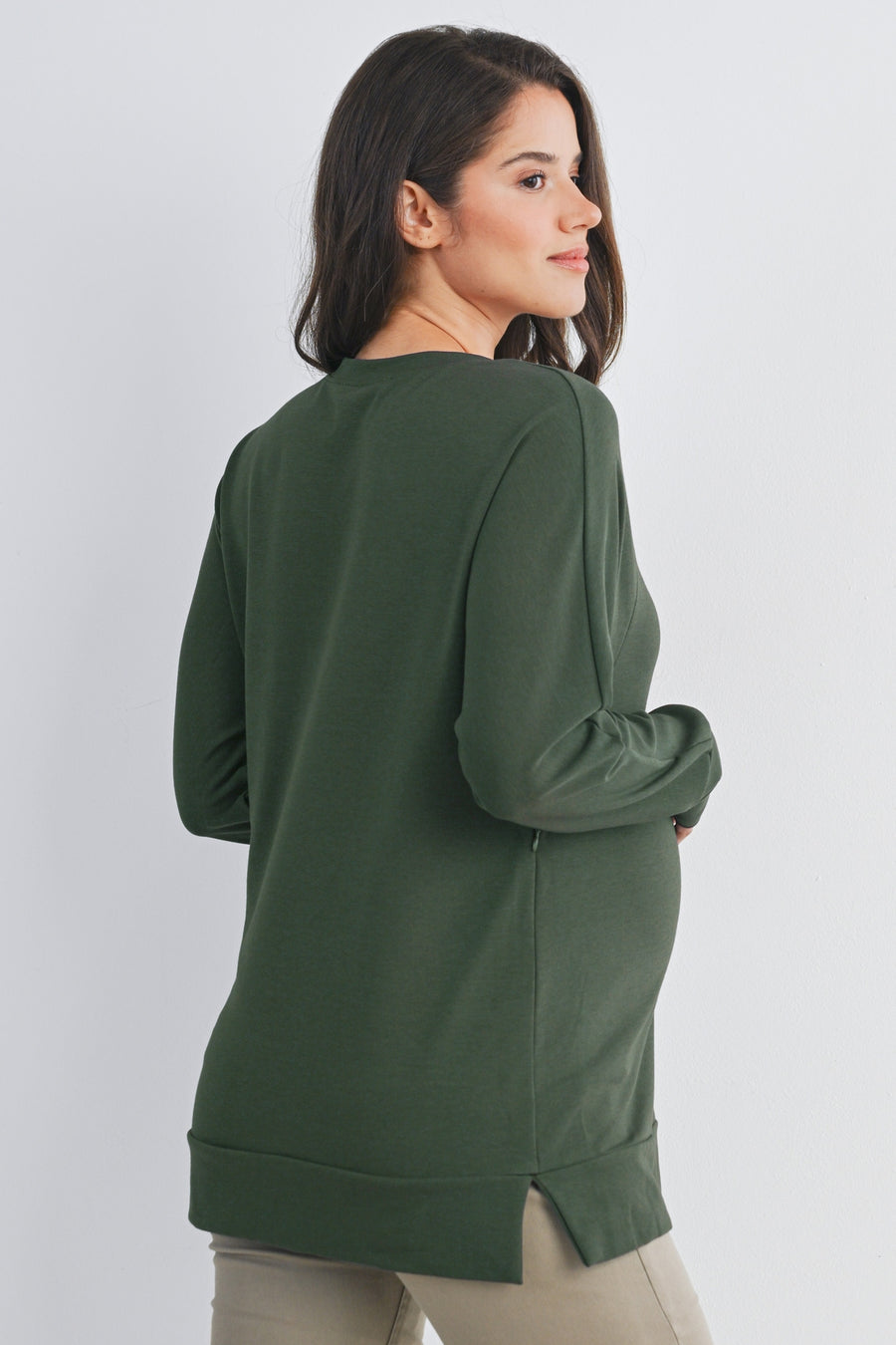 Side Zip Long Sleeve Maternity Nursing Sweatshirt - Green