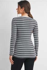 Striped Double Layer Long Sleeve Maternity Nursing Knit Top - Charcoal/White