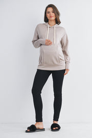 Long Sleeve Maternity Nursing Front Zipper Hoodie - Taupe