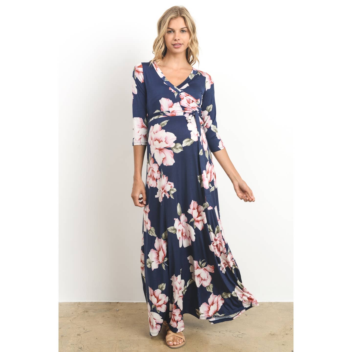 Floral Print Faux Wrap Maternity Maxi Dress - Navy