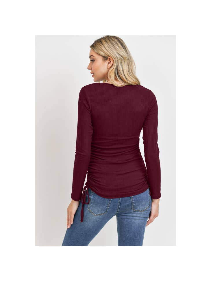 Long Sleeve Adjustable Drawstring Ribbed Maternity Top - Burgundy