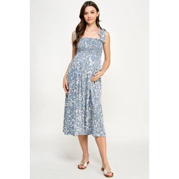 Light Blue Tie Shoulder Smocked Maternity Midi Dress
