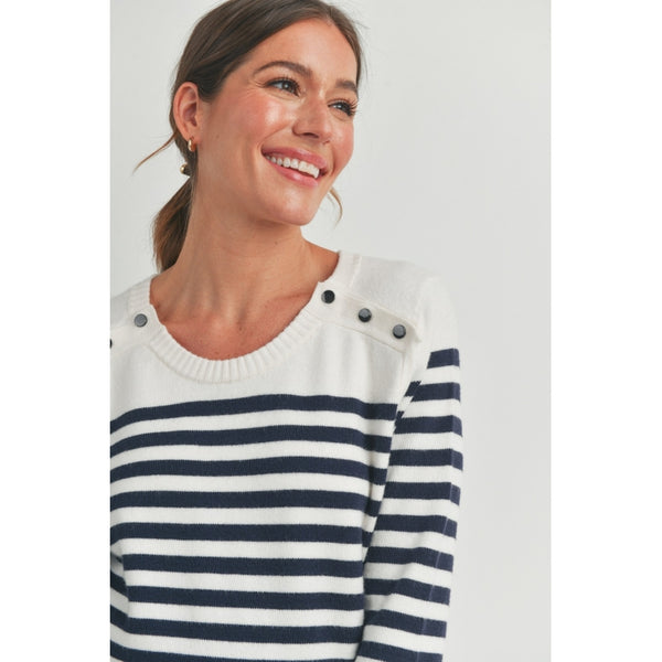 Stripe Maternity Nursing Sweater Top with Button Detail - Navy/White