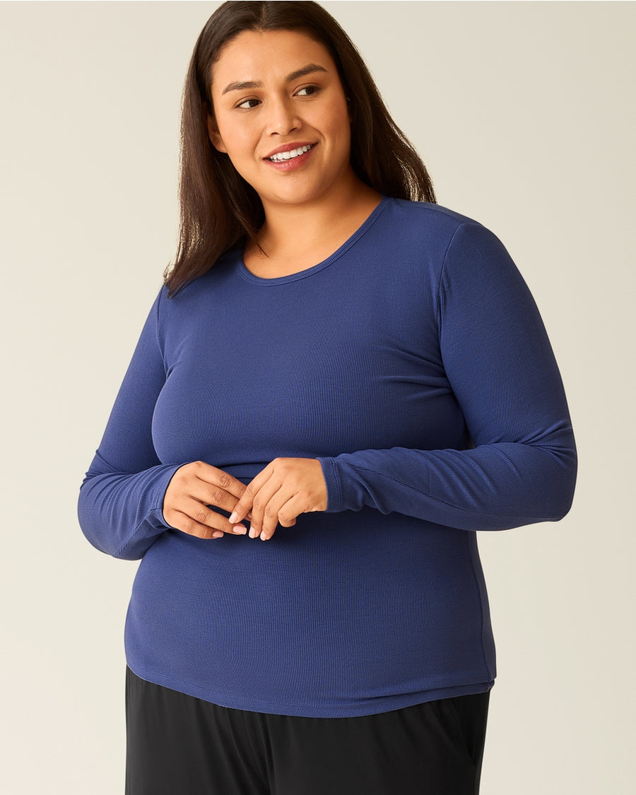 Ribbed Bamboo Long Sleeve Nursing T-Shirt - Deep Blue