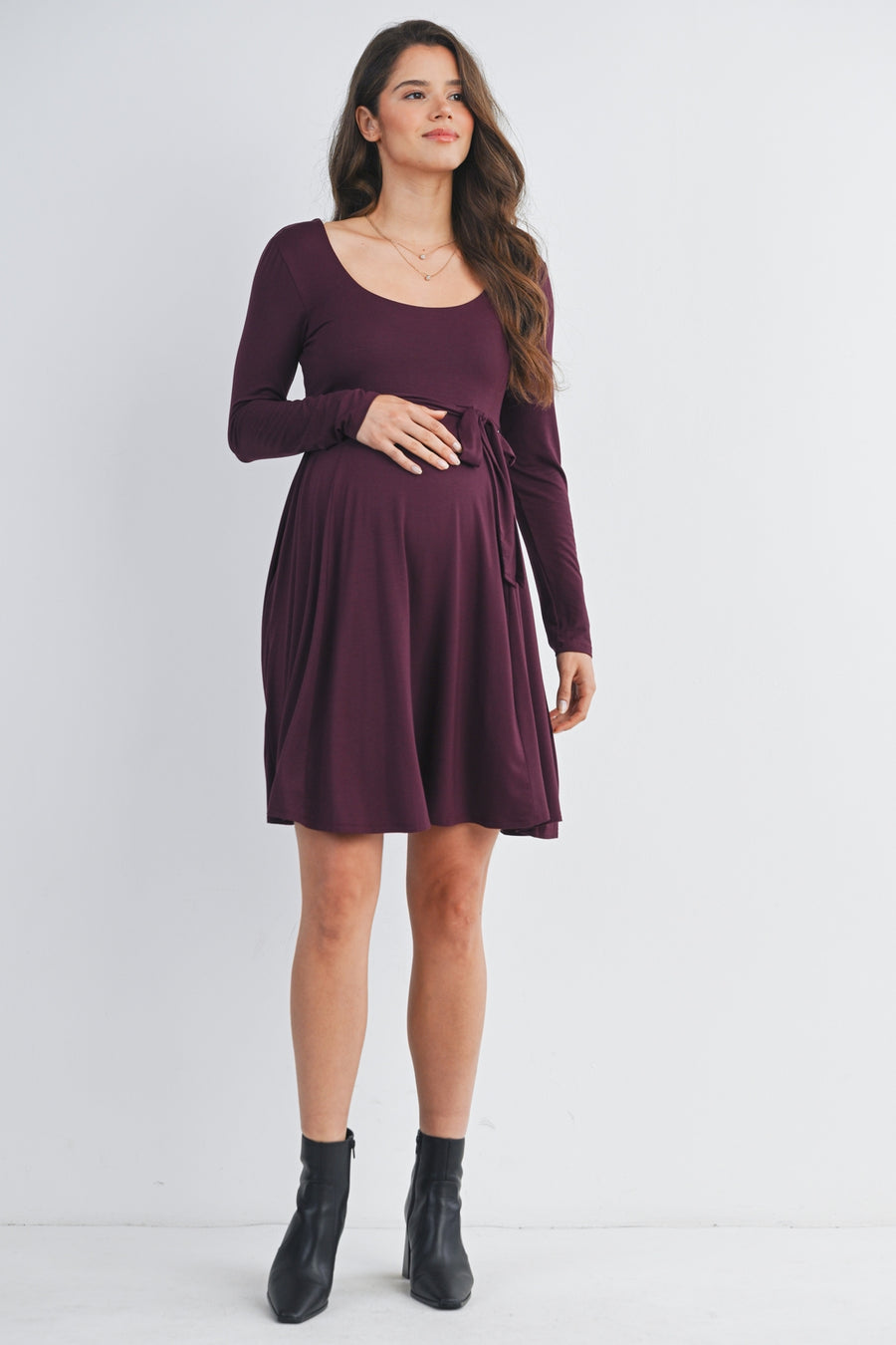 Scoop Neck Long Sleeve Maternity Tie Dress - Burgandy