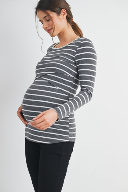 Striped Double Layer Long Sleeve Maternity Nursing Knit Top - Charcoal/White