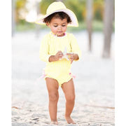 Banana Seersucker Long Sleeve Swimsuit with Rear Ruffles
