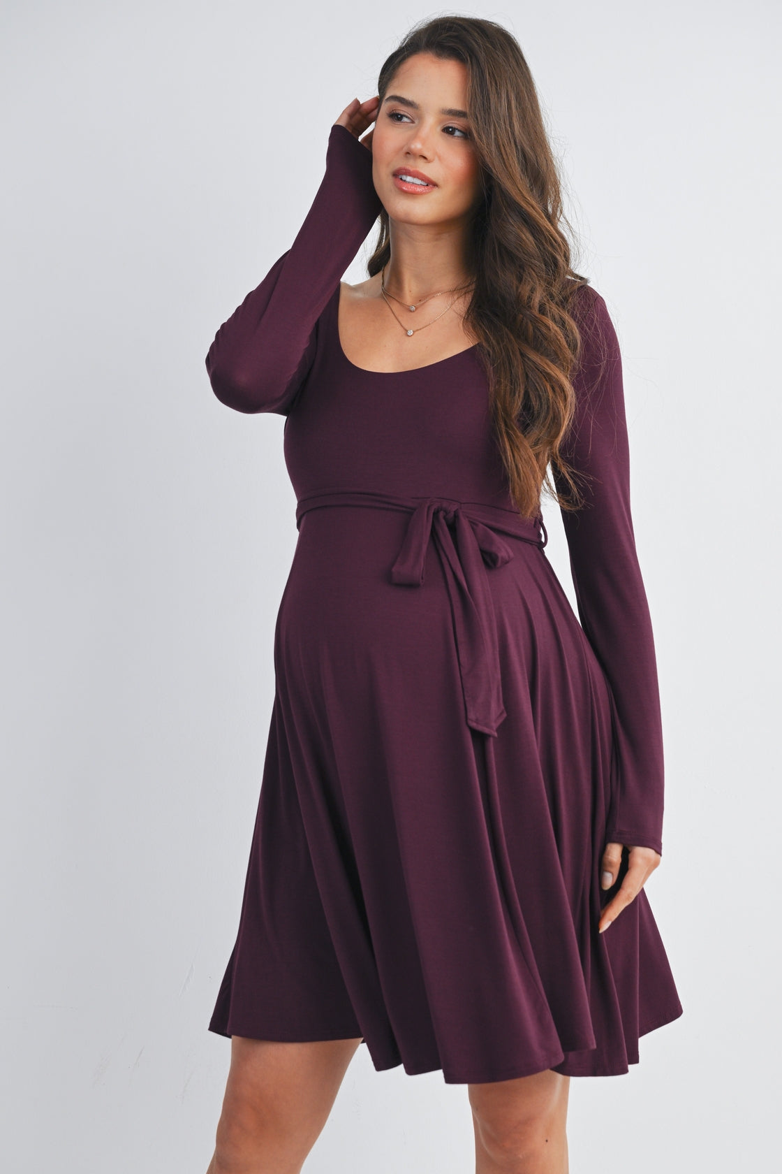 Scoop Neck Long Sleeve Maternity Tie Dress - Burgandy