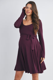 Scoop Neck Long Sleeve Maternity Tie Dress - Burgandy