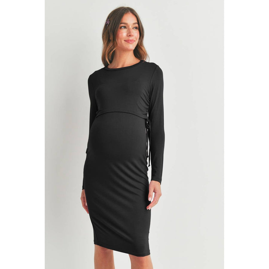 Double Layer Long Sleeve Nursing Dress - Black