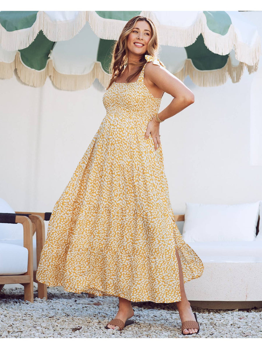 Chelsea Maternity Ruffled Maxi Dress - Yellow Animal Print