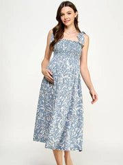 Light Blue Tie Shoulder Smocked Maternity Midi Dress