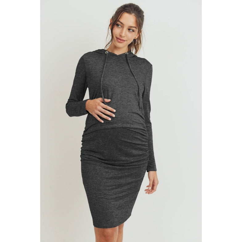 Super French Terry Midi Maternity Hoodie Dress - Two Tone Charcoal