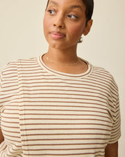 Luxe Terry Maternity & Nursing Split Hem T-Shirt - Ivory and Chocolate Stripe