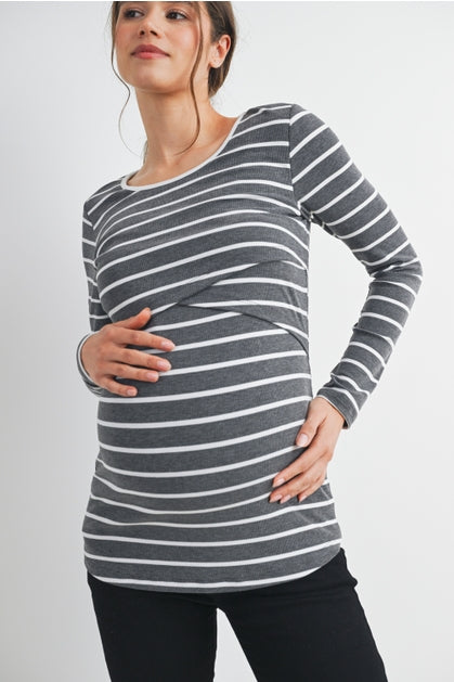 Striped Double Layer Long Sleeve Maternity Nursing Knit Top - Charcoal/White