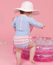 Perwinkle Blue Seersucker with Ruffles Long Sleeve Swimsuit