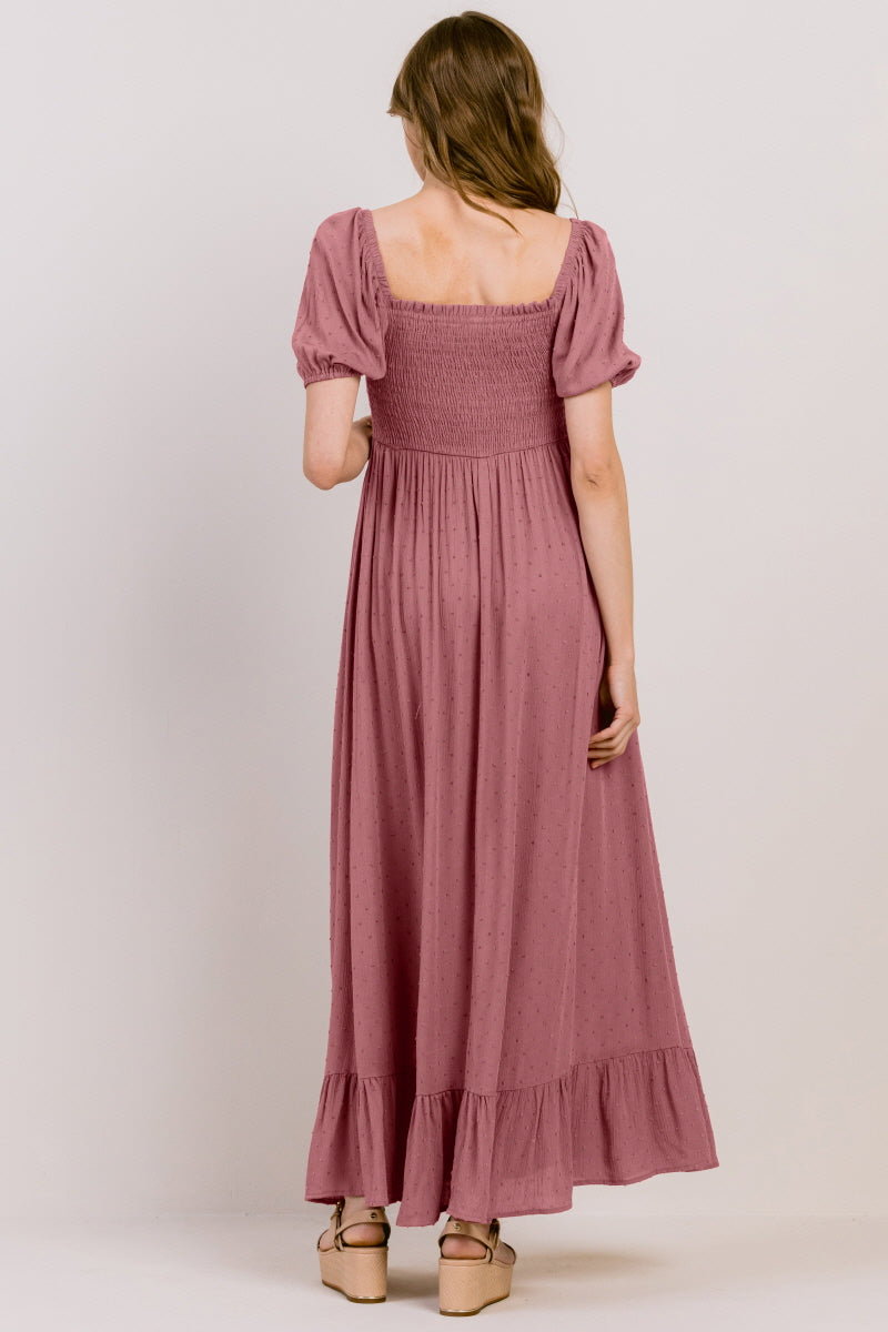 Square Neck Puff Sleeve Maternity Maxi Dress - Mauve