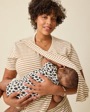 Luxe Terry Maternity & Nursing Split Hem T-Shirt - Ivory and Chocolate Stripe