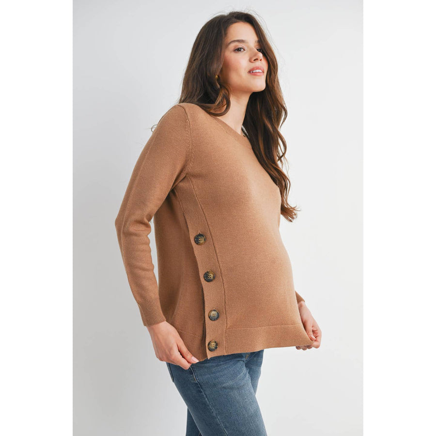 Button Side Pull Over Nursing/Maternity Sweater - Camel