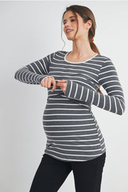Striped Double Layer Long Sleeve Maternity Nursing Knit Top - Charcoal/White