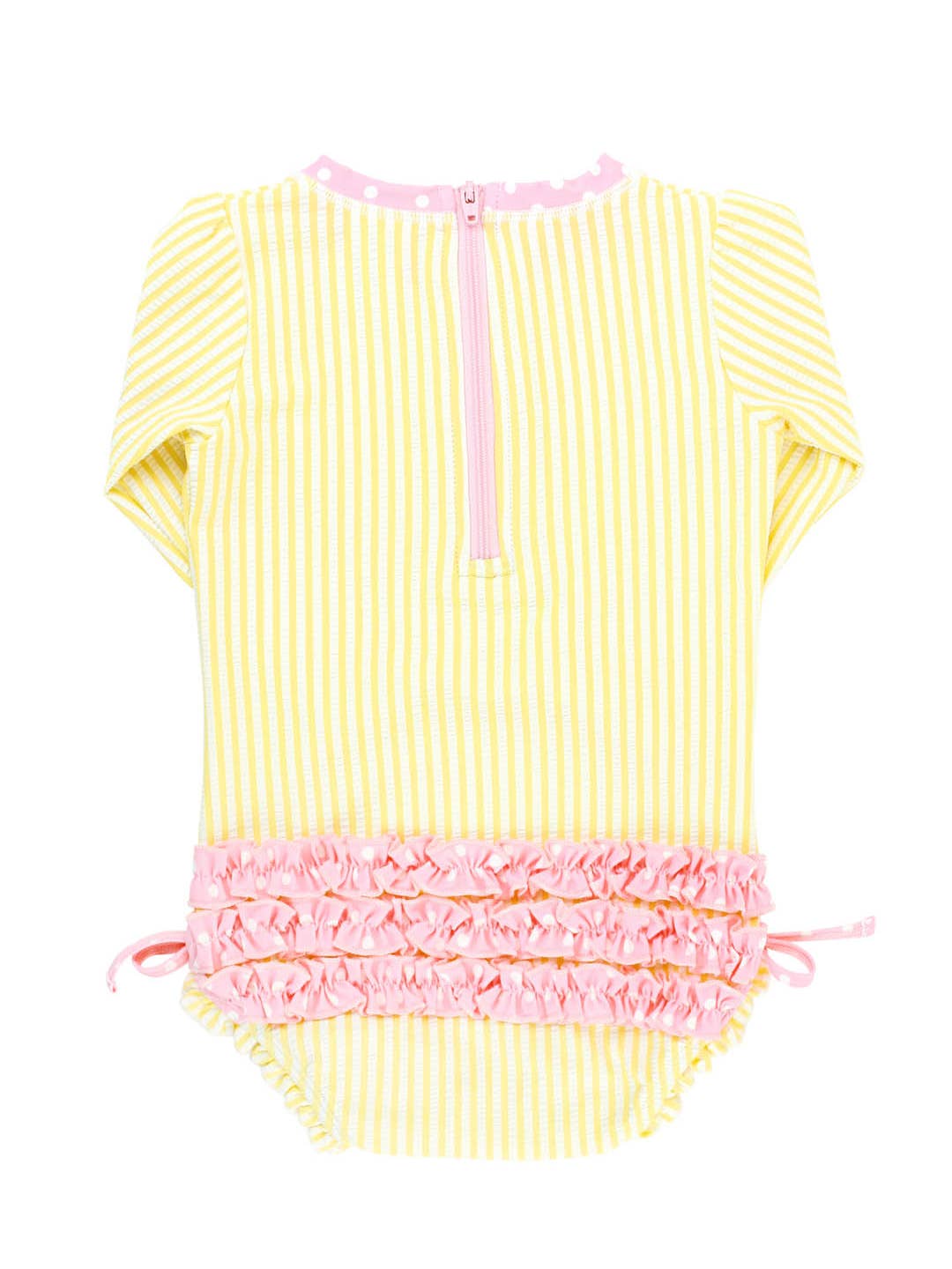 Banana Seersucker Long Sleeve Swimsuit with Rear Ruffles