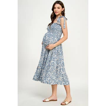 Light Blue Tie Shoulder Smocked Maternity Midi Dress