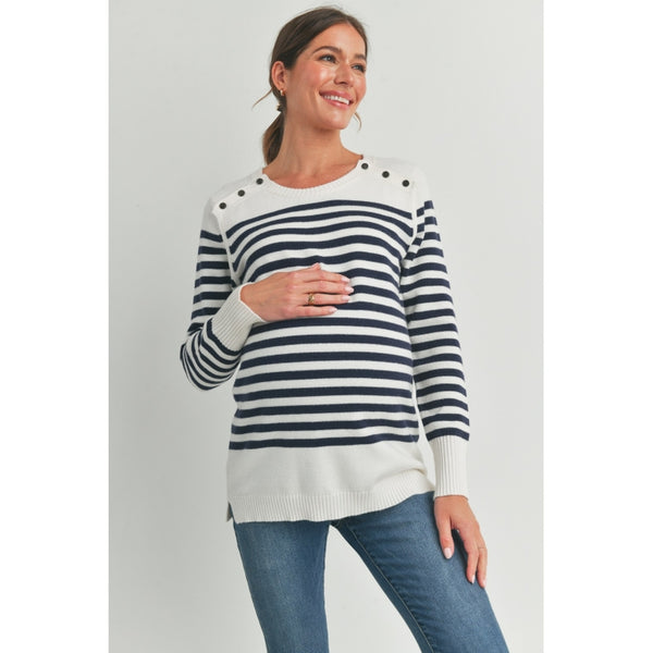 Stripe Maternity Nursing Sweater Top with Button Detail - Navy/White