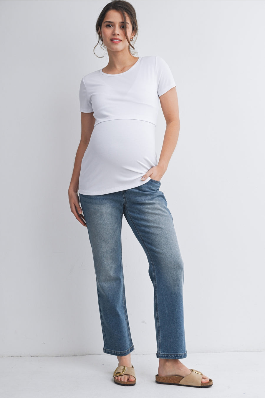 Short Sleeve Maternity Nursing Shirt with Front Panel - White