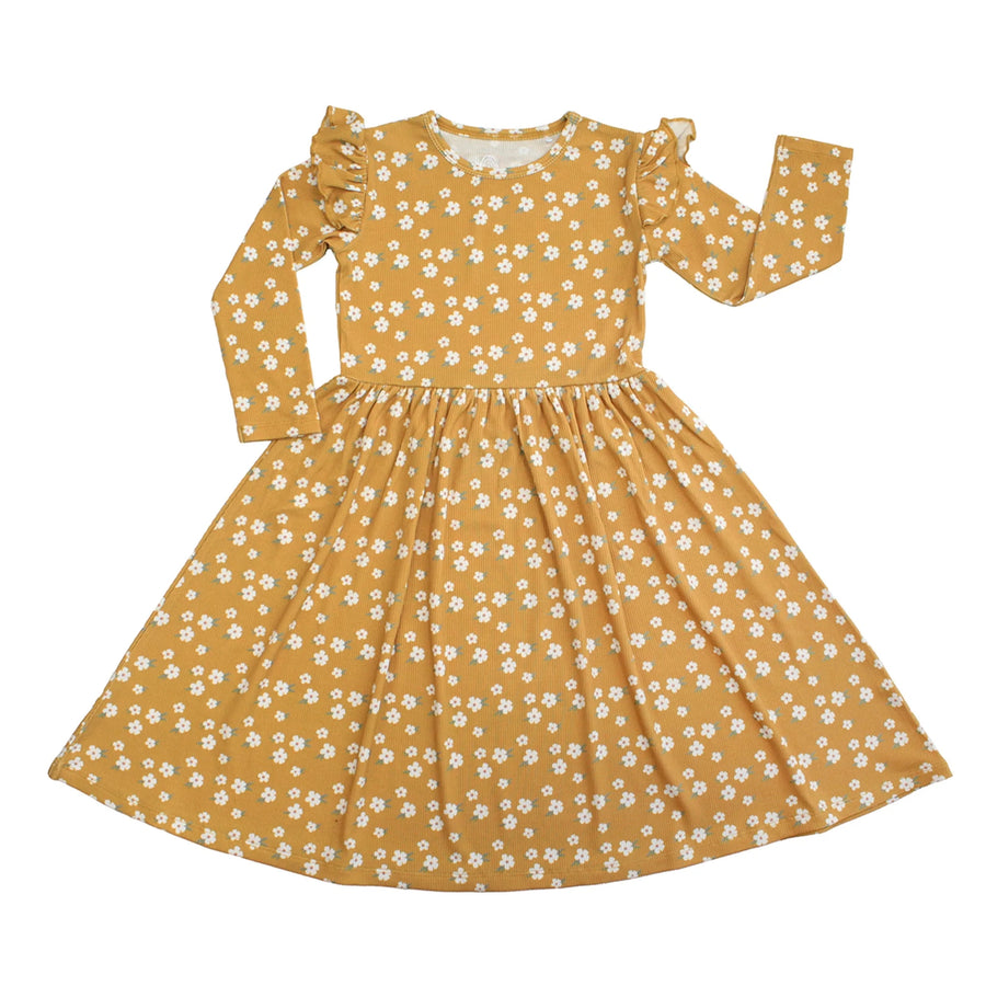 Bamboo Long Sleeve Ribbed Twirl Dress - Golden Blooms