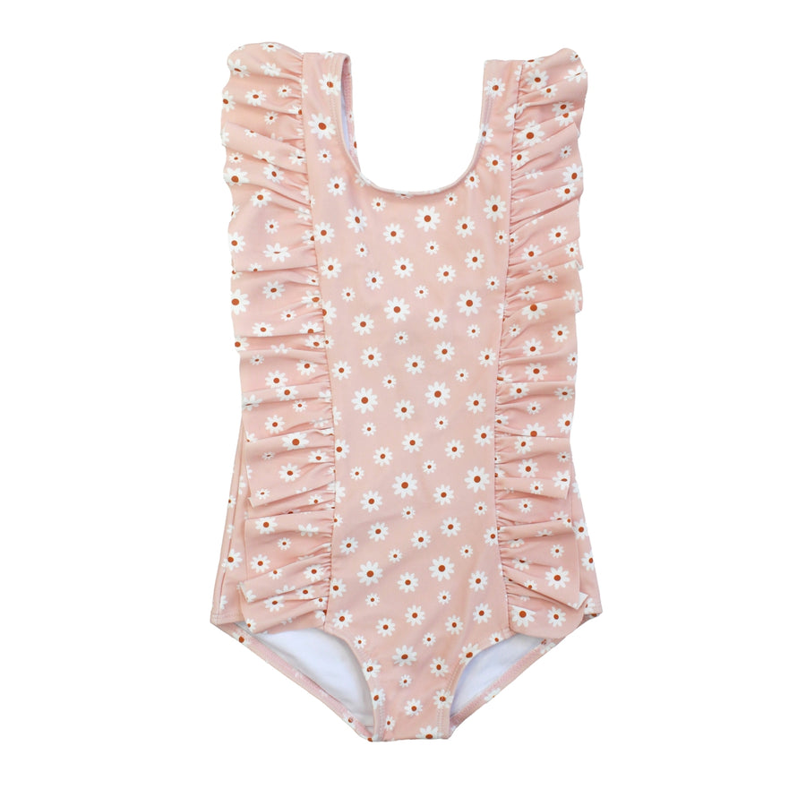 Girls Ruffle Front One Piece Swimsuit - Pink Daisy