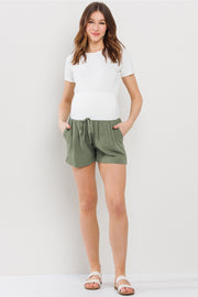 Solid Maternity Shorts with Pockets and Drawstring - Olive