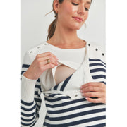 Stripe Maternity Nursing Sweater Top with Button Detail - Navy/White