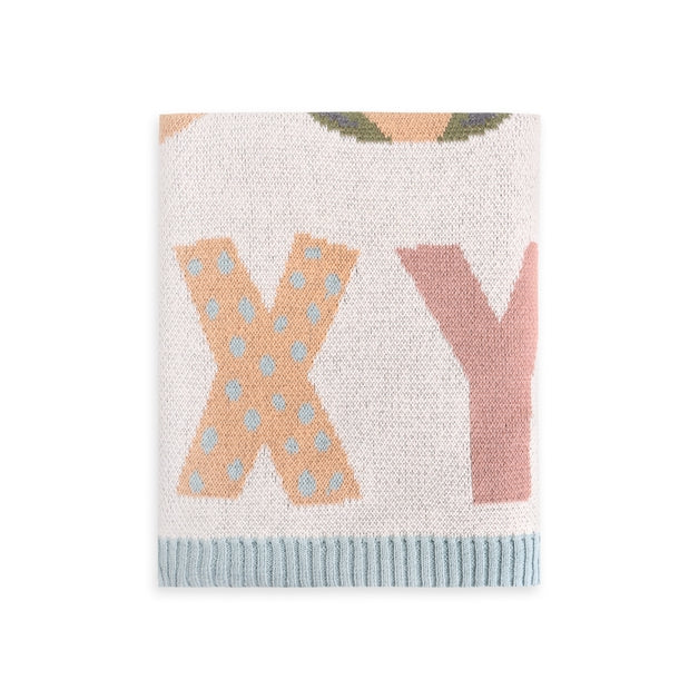 Organic Jacquard Sweater Knit Baby Blanket - Alphabet Blue