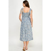 Light Blue Tie Shoulder Smocked Maternity Midi Dress