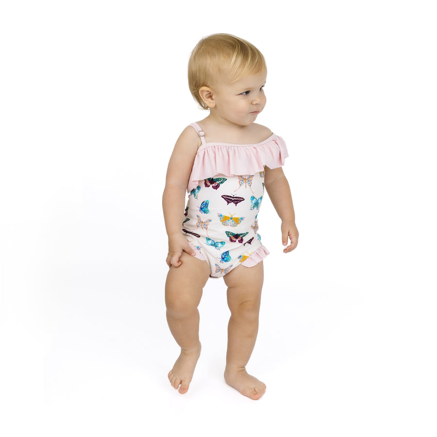 Girls Ruffle Leg One Piece Swimsuit - Wings of Paradise Butterflies