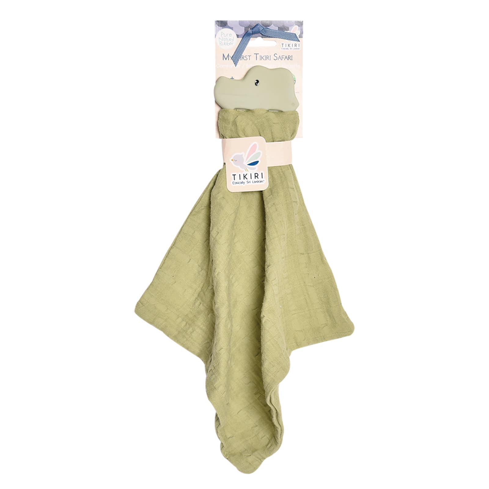 Crocodile Comforter Olive Green Muslin w/Nat. Rubber Teether