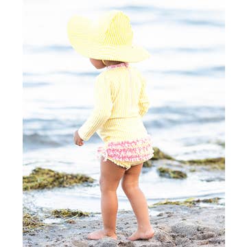 Banana Seersucker Long Sleeve Swimsuit with Rear Ruffles