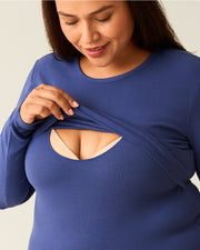 Ribbed Bamboo Long Sleeve Nursing T-Shirt - Deep Blue