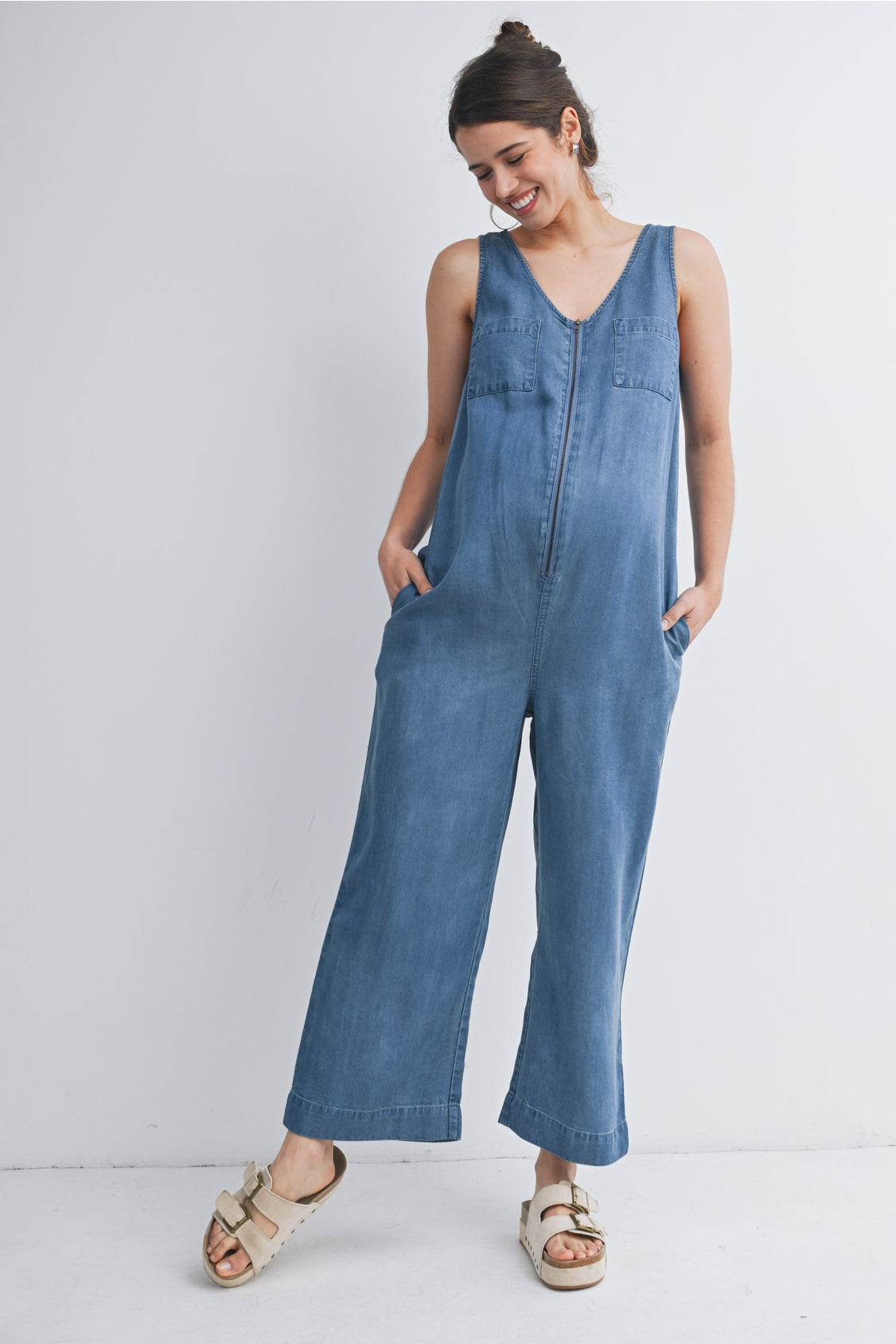 Sleeveless Maternity/Nursing Denim Jumpsuit