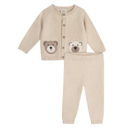 Cozy Bear Applique Knit Cardigan Sweater And Pant Set