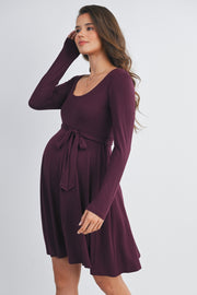 Scoop Neck Long Sleeve Maternity Tie Dress - Burgandy