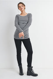 Striped Double Layer Long Sleeve Maternity Nursing Knit Top - Charcoal/White