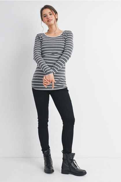 Striped Double Layer Long Sleeve Maternity Nursing Knit Top - Charcoal/White
