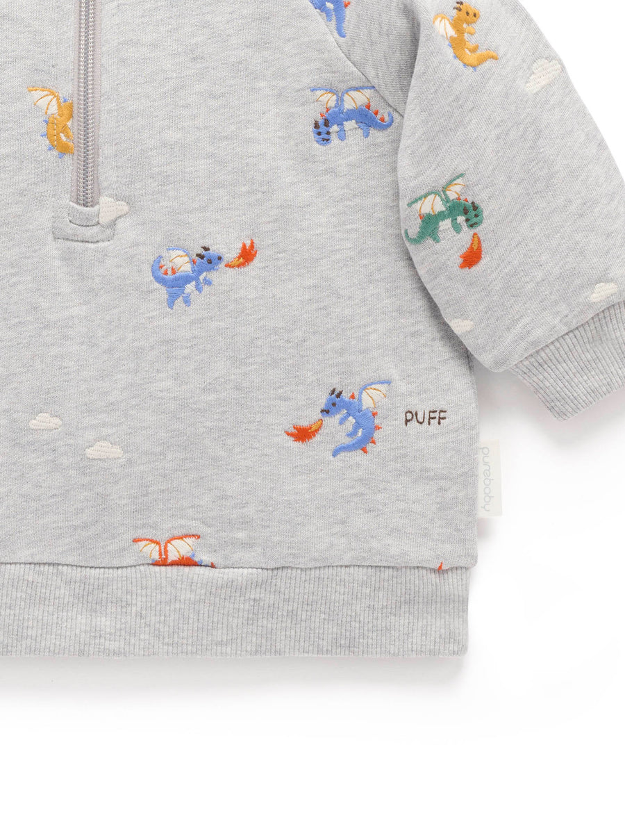 Organic Cotton Embroidered Dragon 3/4 Zip Up
