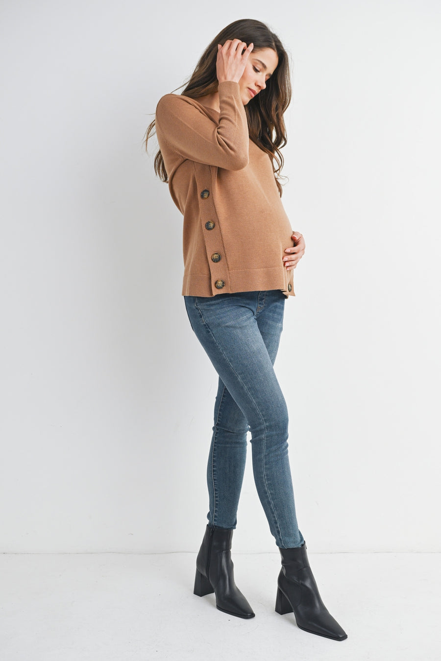 Button Side Pull Over Nursing/Maternity Sweater - Camel