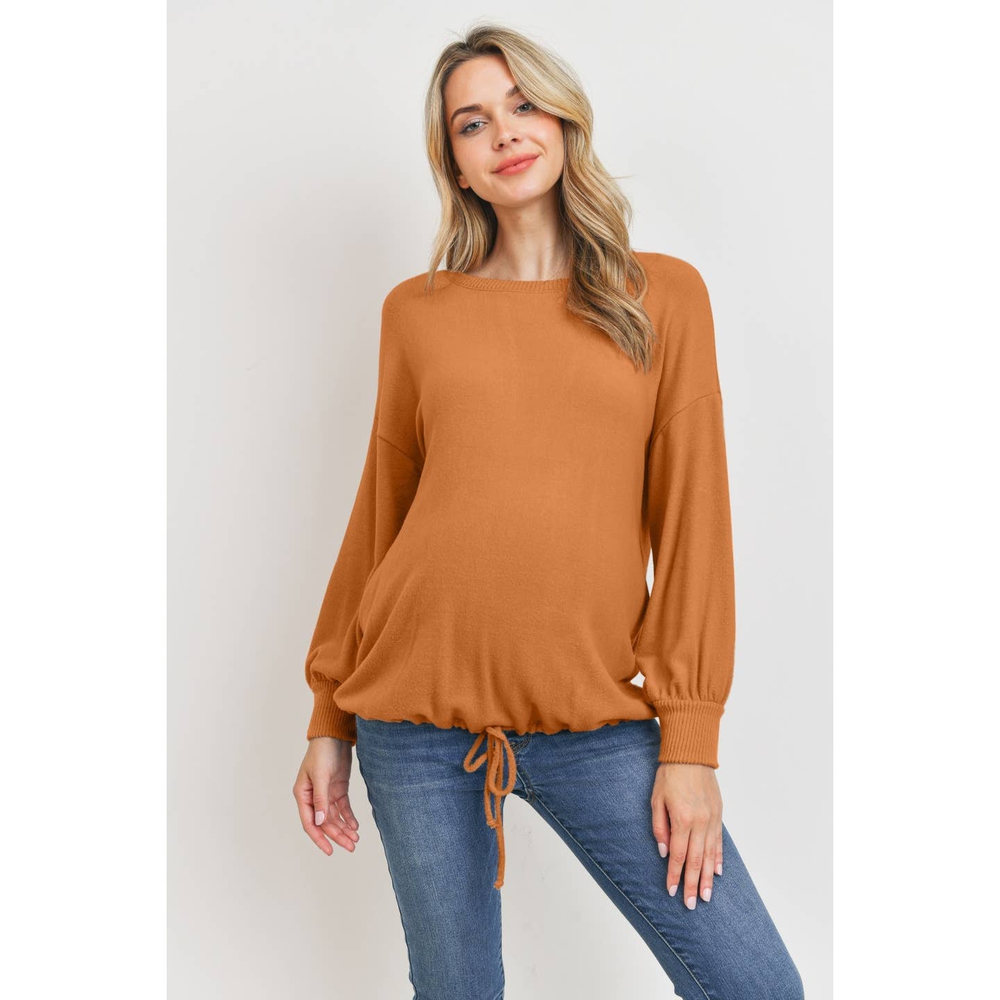 Drawstring Hem Long Sleeve Maternity Top - Rust